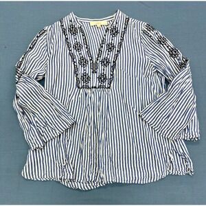LOFT Petite Blue White Stripe Embroidered V Neck Bell Sleeve Tunic Top MP Medium